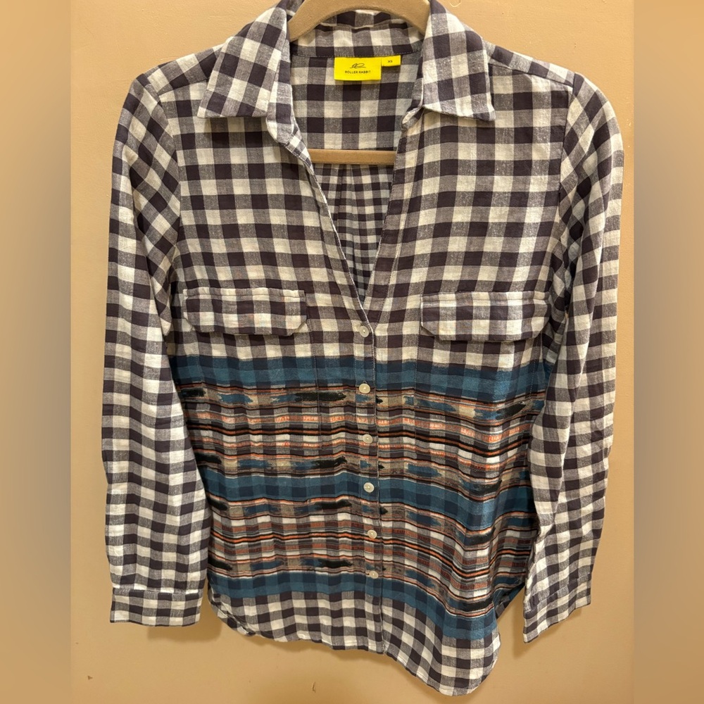 NWOT Roberta Roller Rabbit Selma Shirt Women's XS Plaid Cotton Gauze Bohemian